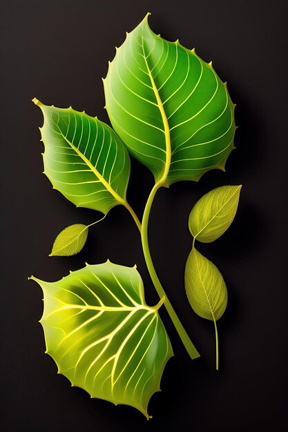 Feuilles vertes citrouille avec tige de vigne velue et vrilles sur fond noir