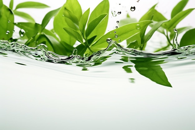 Photo feuilles vertes et éclaboussures d'eau sur fond blanc