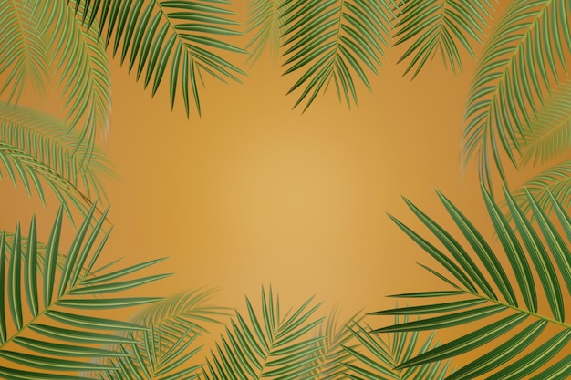 Des feuilles vertes entourent un cadre d'arrière-plan orange. Il y a un espace vide au milieu. Rendu 3D.