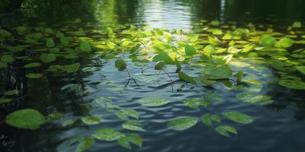 Les feuilles vertes sur l'étang, la rivière, le lac, les terres, la vue de fond