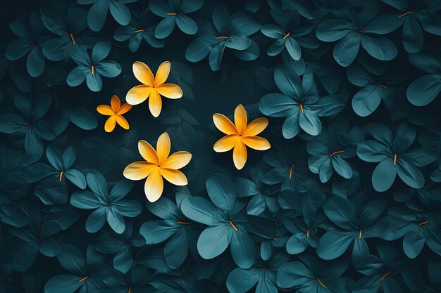 feuilles vertes avec des fleurs jaunes couleur teal foncé et couleur orange clair fond minimaliste