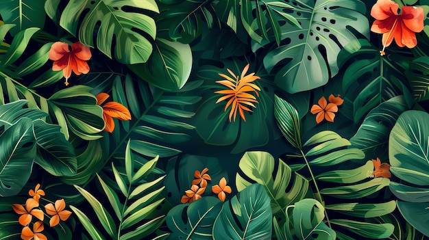 Les feuilles vertes et les fleurs orange créent un paradis tropical luxuriant.