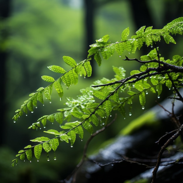 Des feuilles vertes fraîches sur une branche d'arbre dans une forêt vibrante