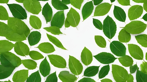 Des feuilles vertes fraîches disposées en cercle sur un fond blanc