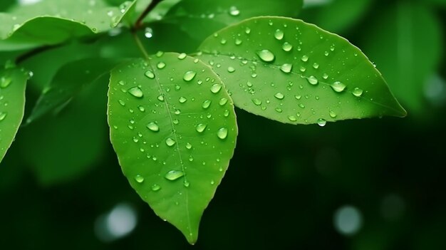 feuilles vertes fraîches avec des gouttes d'eau sur le fond d'eau