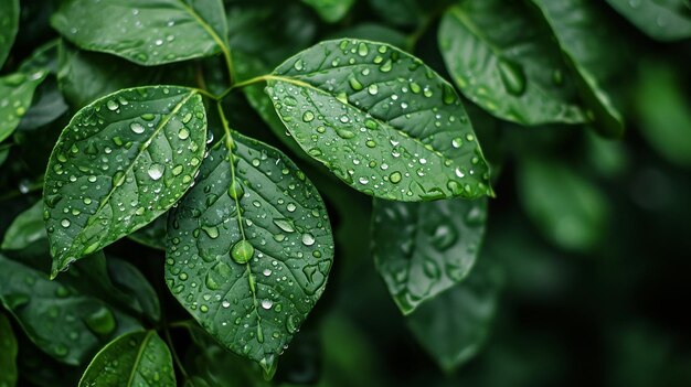 Photo des feuilles vertes avec des gouttes d'eau dessus.