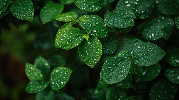 Photo des feuilles vertes avec des gouttes d'eau dessus.