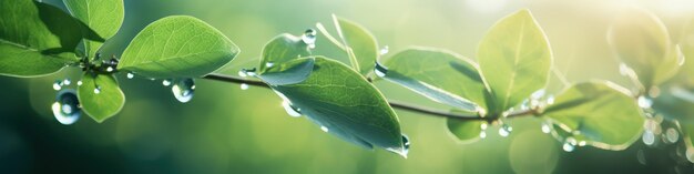 Des feuilles vertes et des gouttes d'eau, un fond d'été brillant, une IA générative.