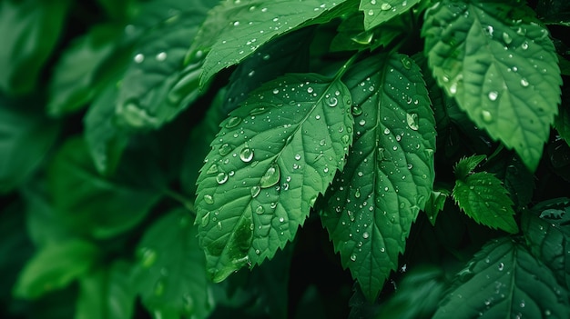 Des feuilles vertes avec des gouttes d'eau