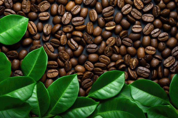 Feuilles vertes et grains de café isolés sur blanc d'en haut