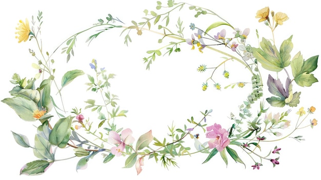 feuilles vertes et petites fleurs en couleurs pastel générées avec l'IA