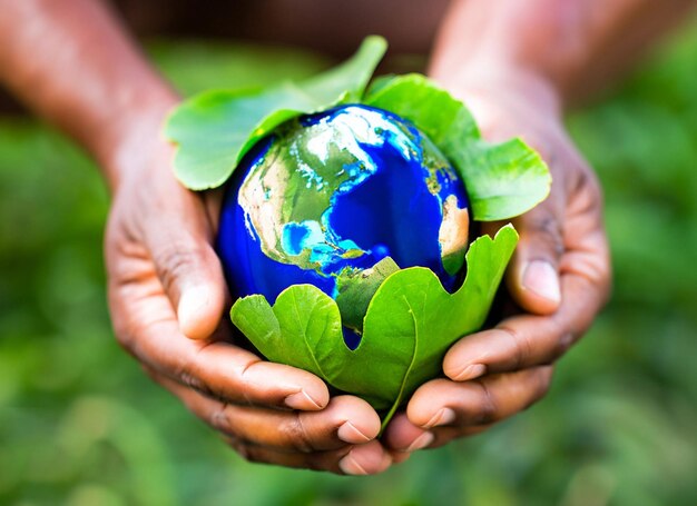 Photo des feuilles vertes et la planète terre entre les mains