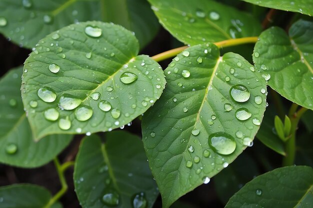 Les feuilles vertes d'une plante avec des gouttes de rosée