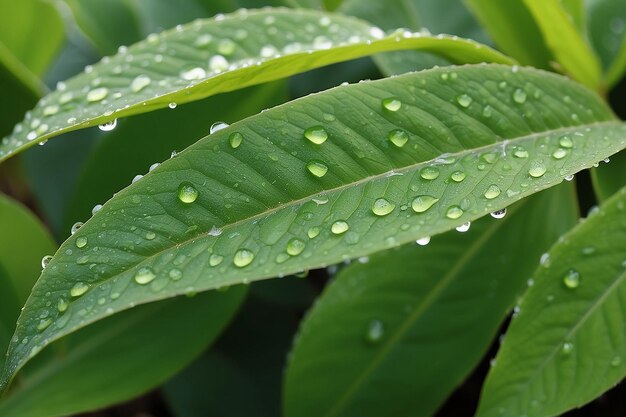 Les feuilles vertes d'une plante avec des gouttes de rosée