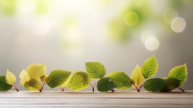 Feuilles vertes sur une table en bois Arrière-plan flou IA générative