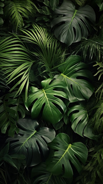 Les feuilles vertes tropicales de la palme Monstera, la fougère et les ornements de fond