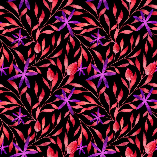 Feuilles de violette rouge fleurs sur motif floral sans couture noir impression répétée conception botanique aquarelle