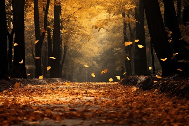 feuilles volant dans les airs dans une forêt avec un chemin ai génératif