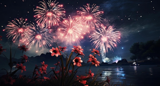 Feux d'artifice au-dessus de l'eau la nuit