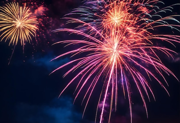 Photo des feux d'artifice aux couleurs vives sur un fond de crépuscule