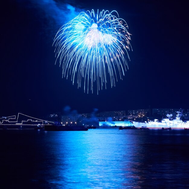 Feux d'artifice bleu sur ciel de vacances noir