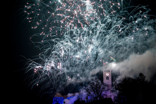 Feux d'artifice de bonne année du château de Ljubljana