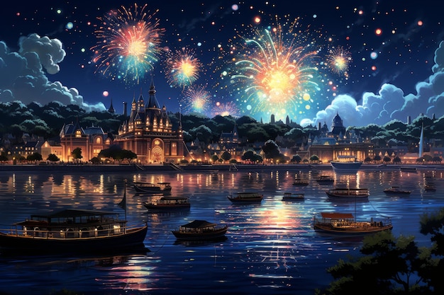 Photo des feux d'artifice captivants créent une atmosphère dynamique pour une célébration joyeuse du nouvel an