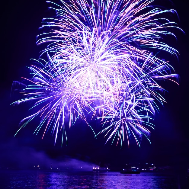 Feux d'artifice colorés bleus sur fond de ciel noir