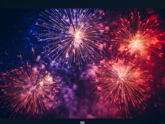 Des feux d'artifice colorés de différentes couleurs sur le paysage urbain nocturne et le ciel bleu