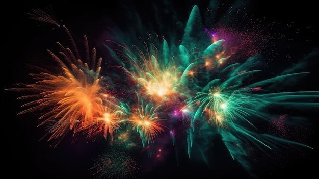 Des feux d'artifice colorés explosent dans un ciel nocturne hypnotisant avec des rayures de lumière vives