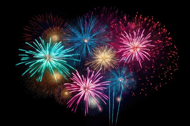 Feux d'artifice colorés sur fond noir IA générative