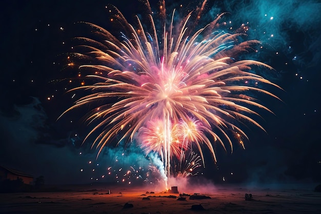 Photo des feux d'artifice colorés pour noël et le nouvel an en hiver sur une terre déserte enneigée lançant des pétards