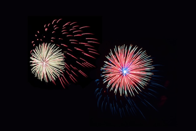 Feux d'artifice colorés rouge blanc et bleu qui explosent