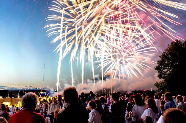 Feux d'artifice dans le ciel avec des gens qui regardent