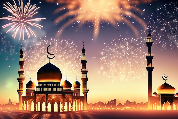 Feux d'artifice dans le ciel avec une mosquée et un croissant de lune