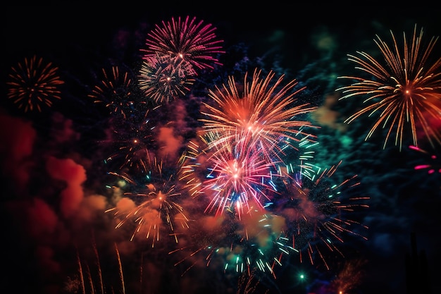 Feux d'artifice dans le ciel nocturne avec le mot feux d'artifice dessus