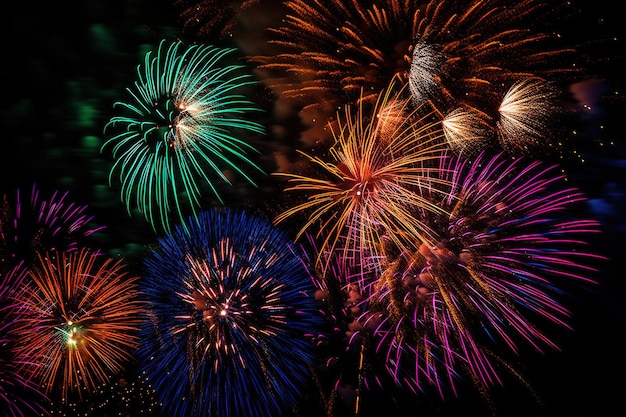 Feux d'artifice dans le ciel nocturne avec le mot feux d'artifice dessus