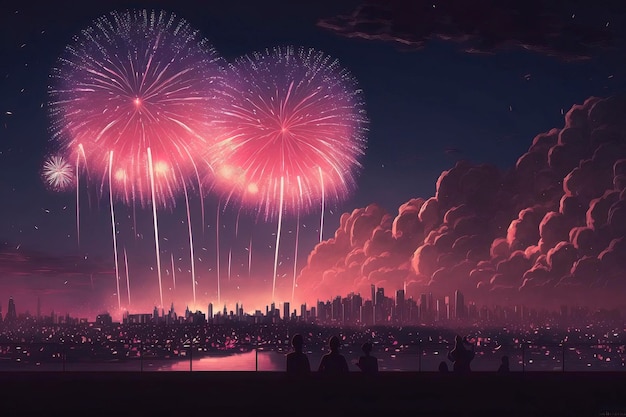 Feux d'artifice dans le ciel avec une ville en arrière-plan