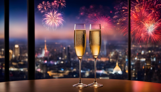 feux d'artifice derrière deux verres de champagne avec des feux dartifice en arrière-plan