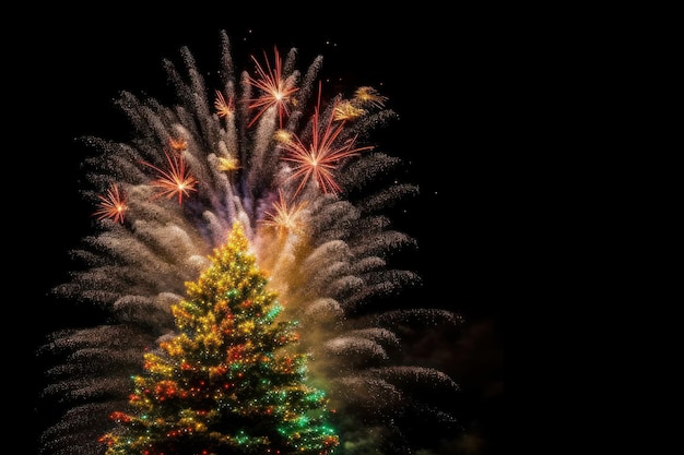 Feux d'artifice derrière un sapin de Noël