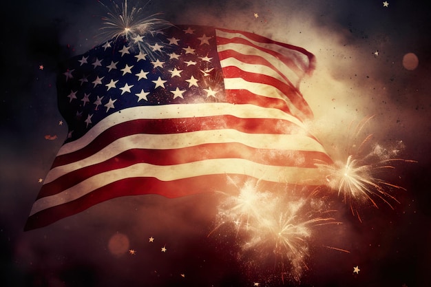 Feux d'artifice du 4 juillet de la fête de l'indépendance avec le drapeau américain au coucher du soleil