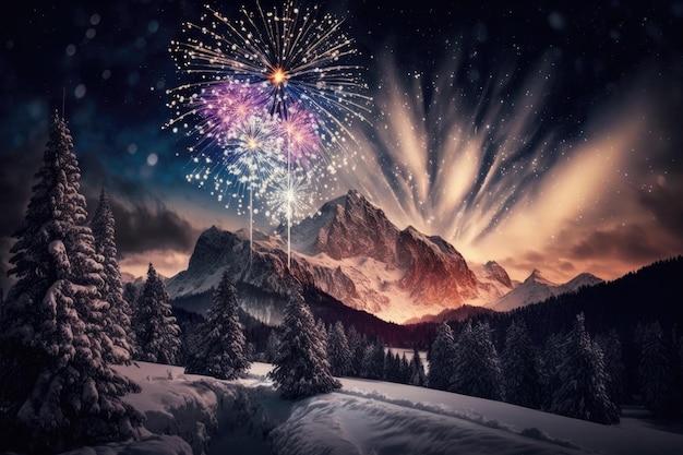 Feux d'artifice du Nouvel An sur un paysage de montagne alpin en hiver Idée de vacances d'hiver