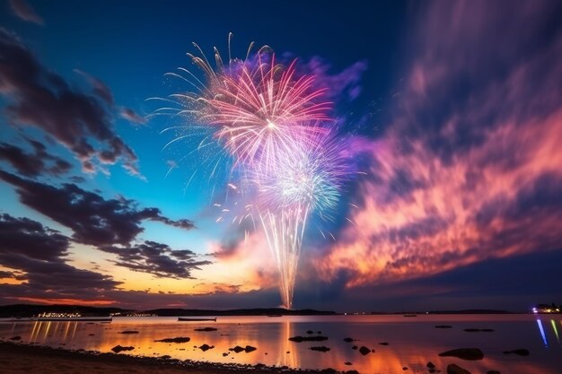 Feux d'artifice sur l'eau à la plage