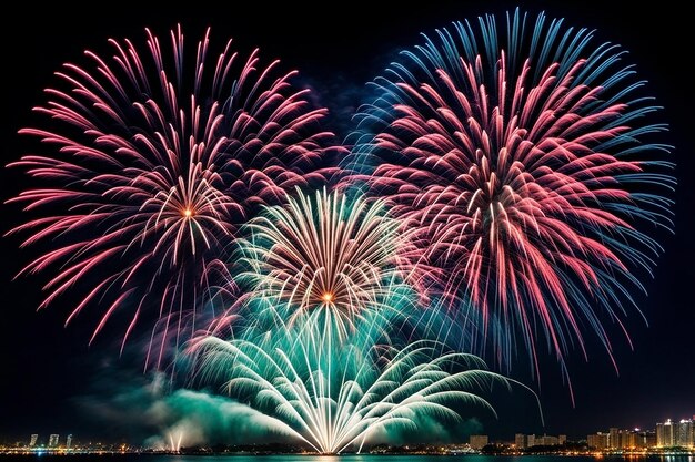 Des feux d'artifice explosent dans la nuit sombre. Des couleurs différentes éclairent la célébration.