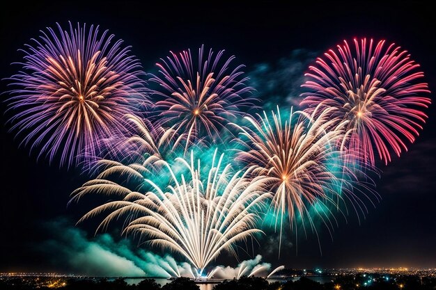 Des feux d'artifice explosent dans la nuit sombre. Des couleurs différentes éclairent la célébration.