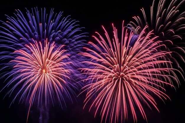 Des feux d'artifice explosent dans la nuit sombre. Des couleurs différentes éclairent la célébration.