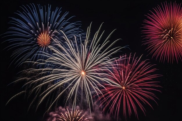 Des feux d'artifice explosent dans la nuit sombre. Des couleurs différentes éclairent la célébration.