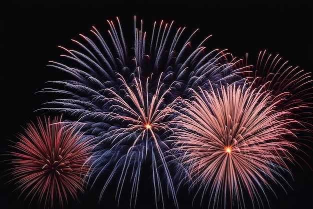 Des feux d'artifice explosent dans la nuit sombre. Des couleurs différentes éclairent la célébration.