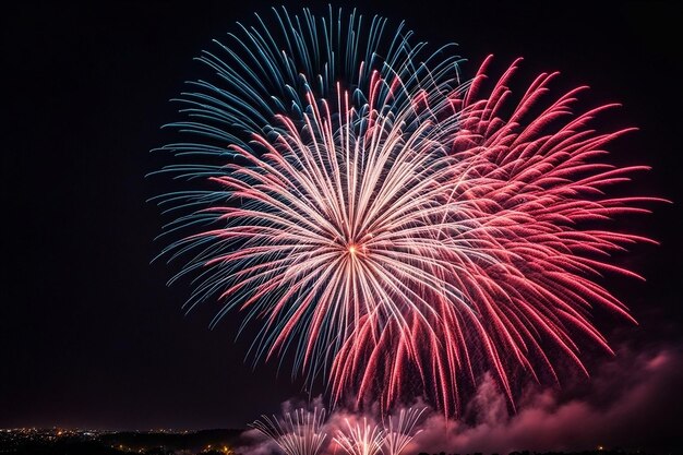 Des feux d'artifice explosent dans la nuit sombre. Des couleurs différentes éclairent la célébration.