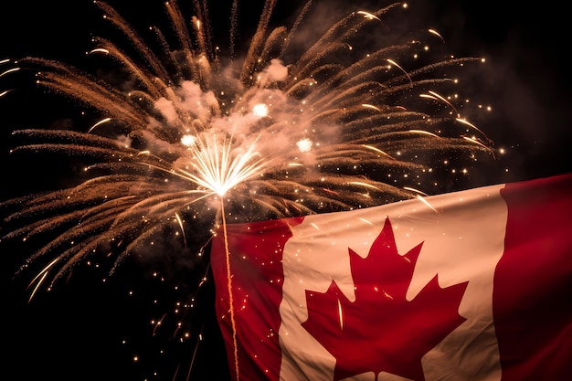 Les feux d'artifice de la fête du Canada explosent derrière un drapeau canadien